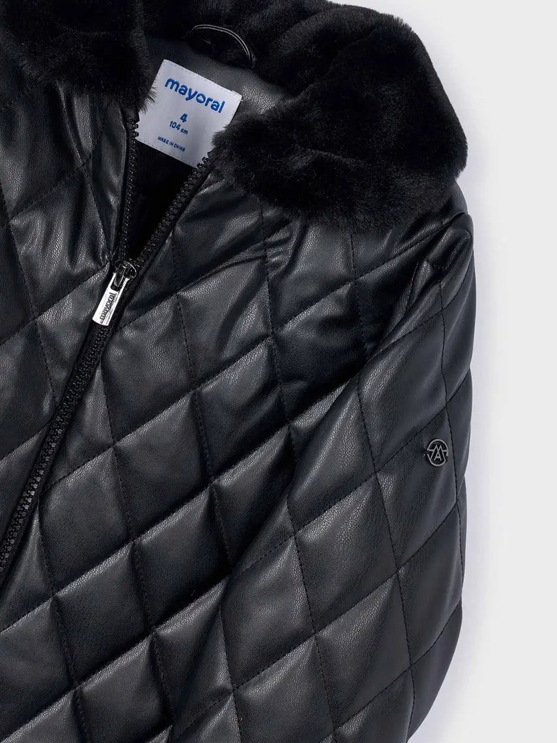 Closer look at the Mayoral quilted coat showing detail of the faux fur collar