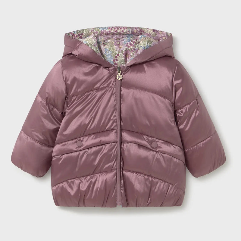 Violet purple side of the baby girl's reversible coat.