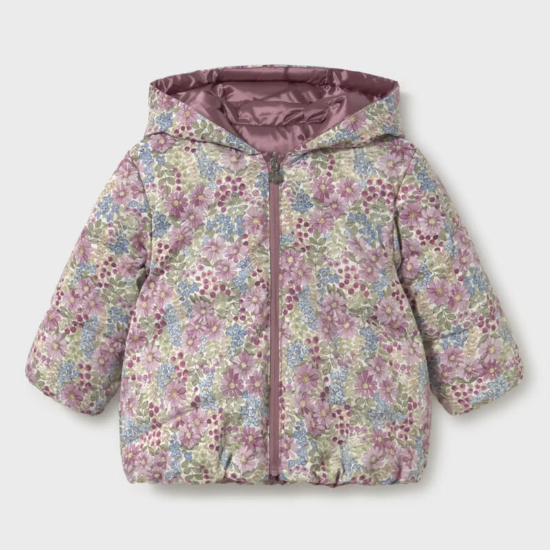 Pink floral print side of the Mayoral reversible coat.