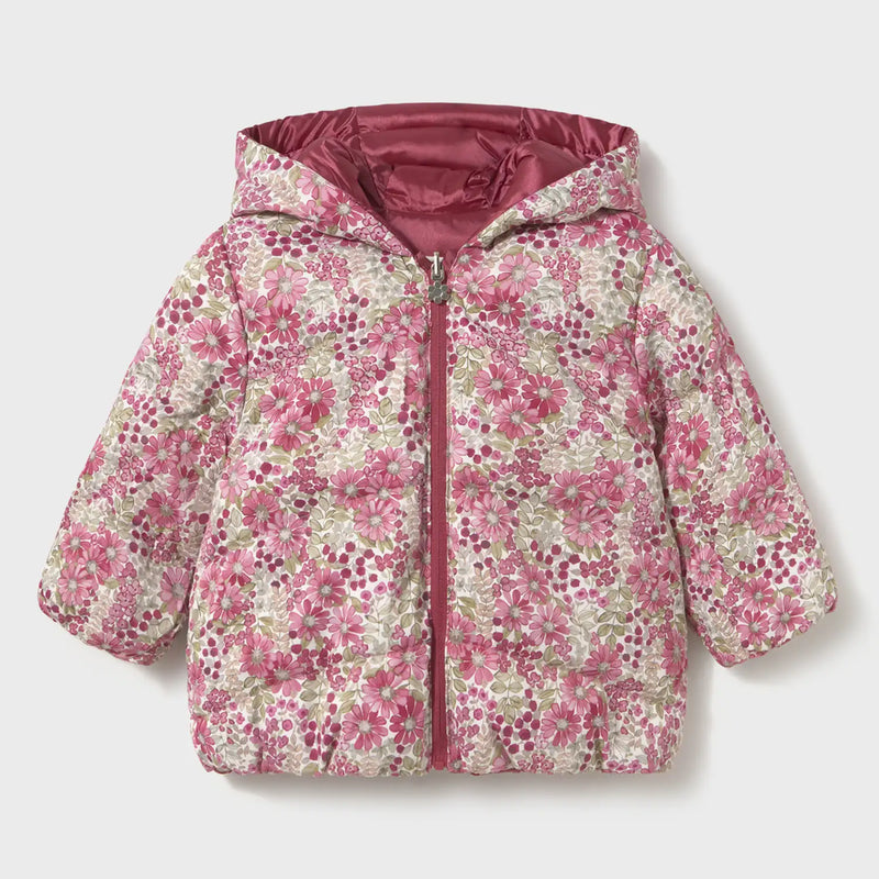 Pink floral print side of the Mayoral reversible coat.