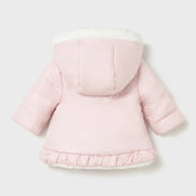 Back of the Mayoral pink reversible faux fur coat.