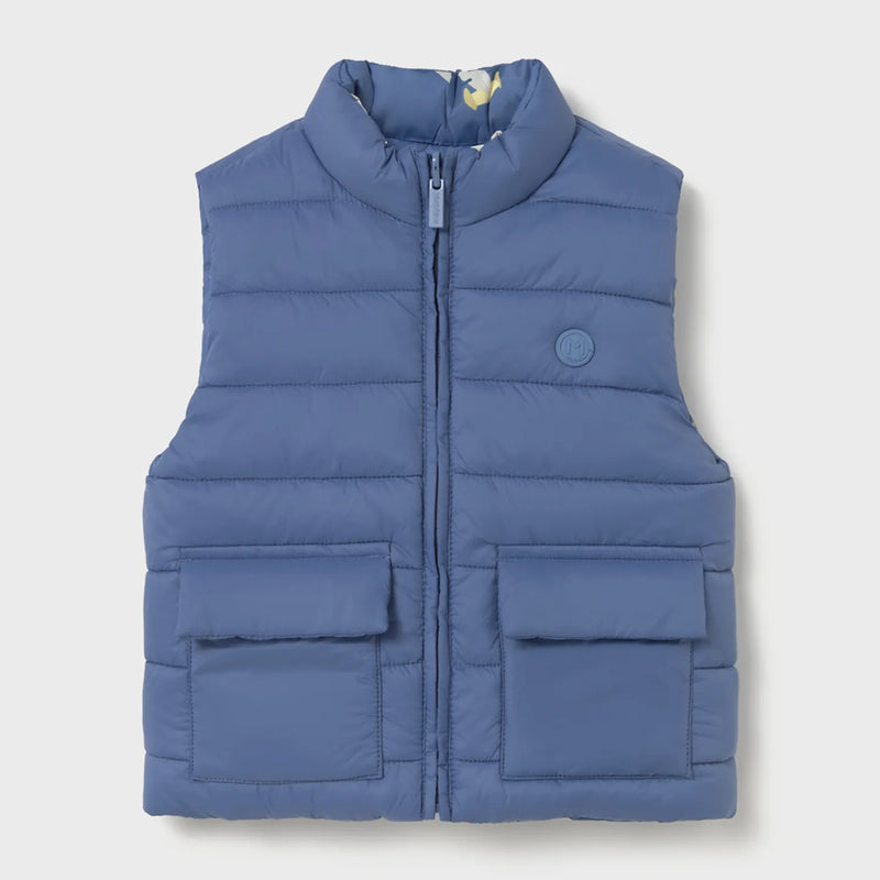 Blue side of the baby boy's reversible gilet.