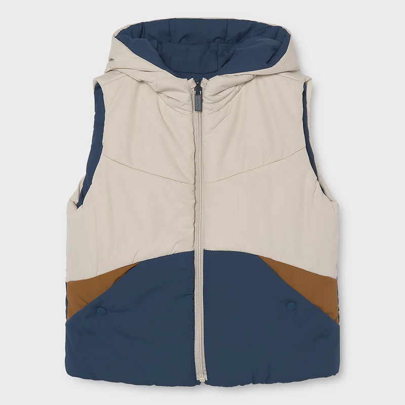 Navy and beige colourblock side of the Mayoral reversible gilet.