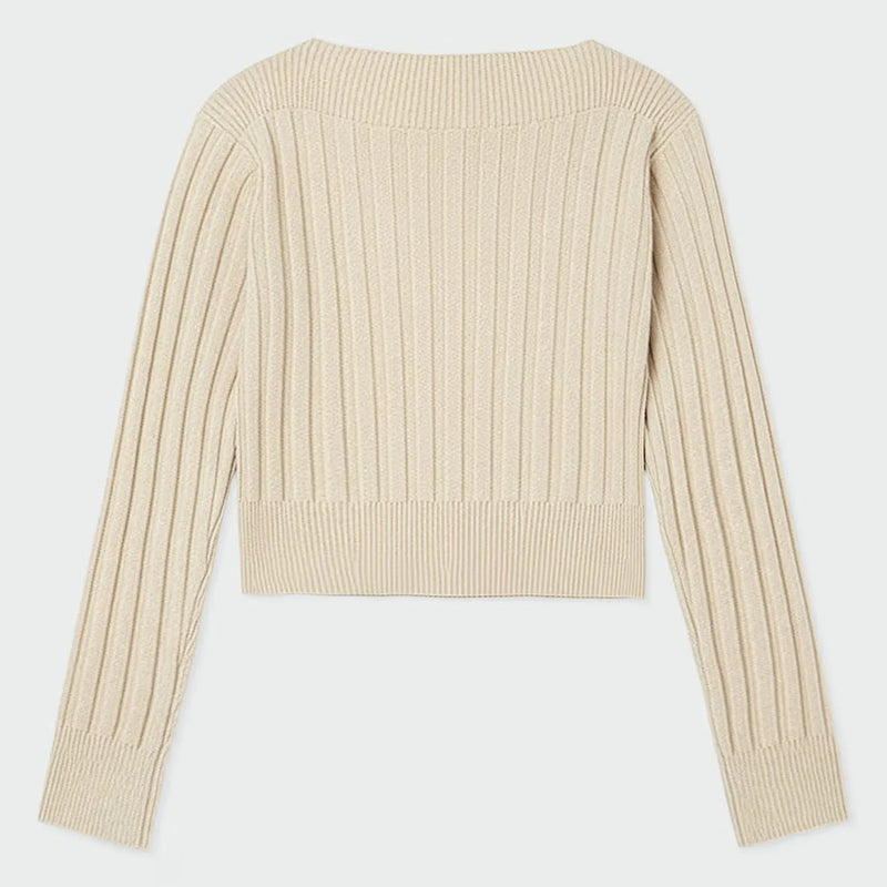 Rear view of the Mayoral cream rib knit sweater.
