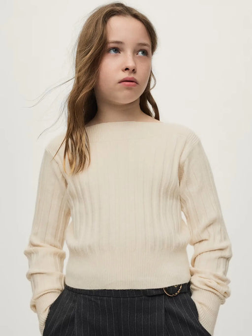 Girl modelling the Mayoral rib knit sweater.