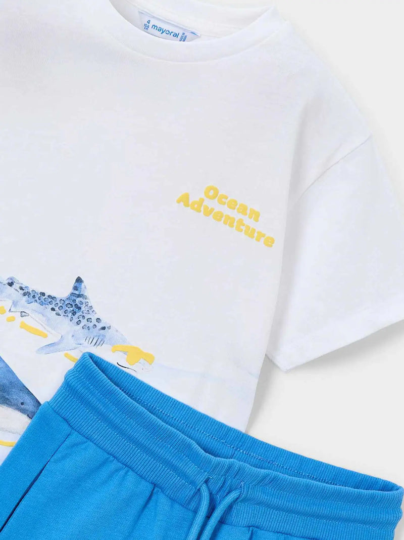 Closer look at the Mayoral shark shorts set.