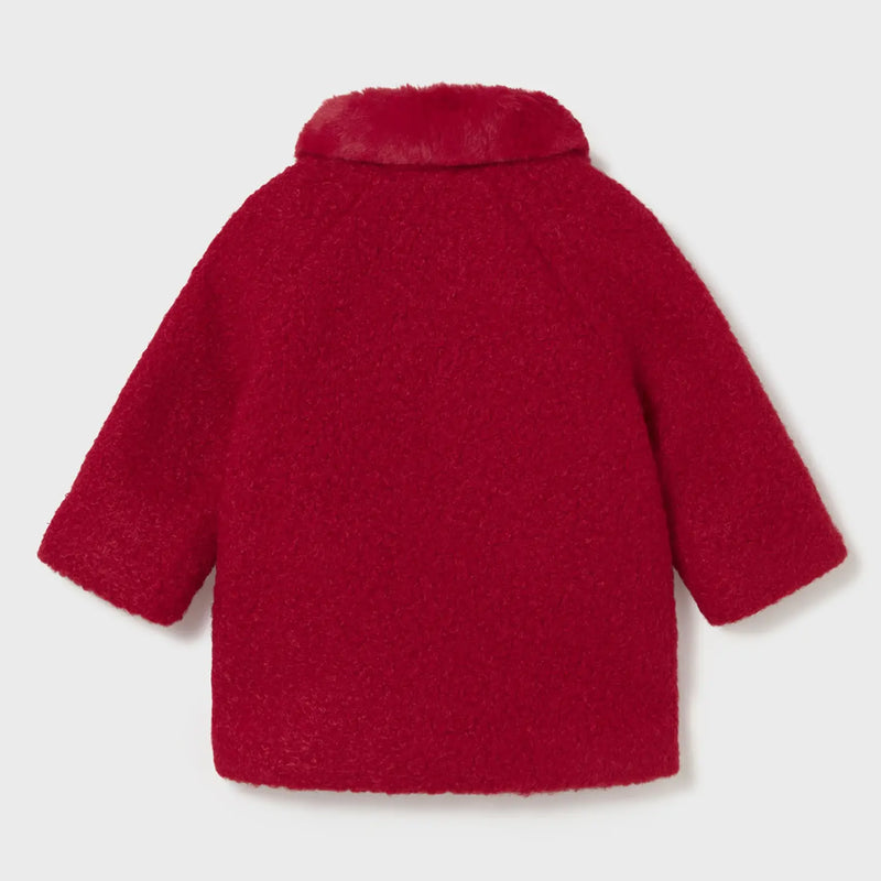 Back of the Mayoral red shearling coat.