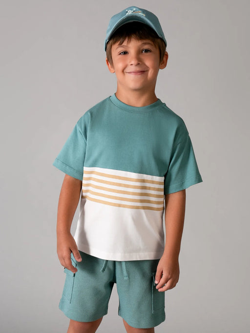 Boy wearing the Mayoral shorts set.