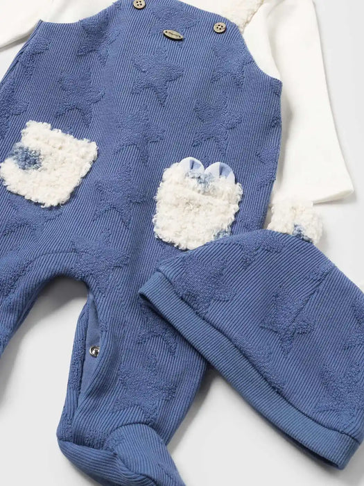 Mayoral star dungarees set with matching blue hat.