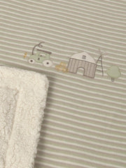 Mayoral striped blanket with sherpa fleece lining on the back.