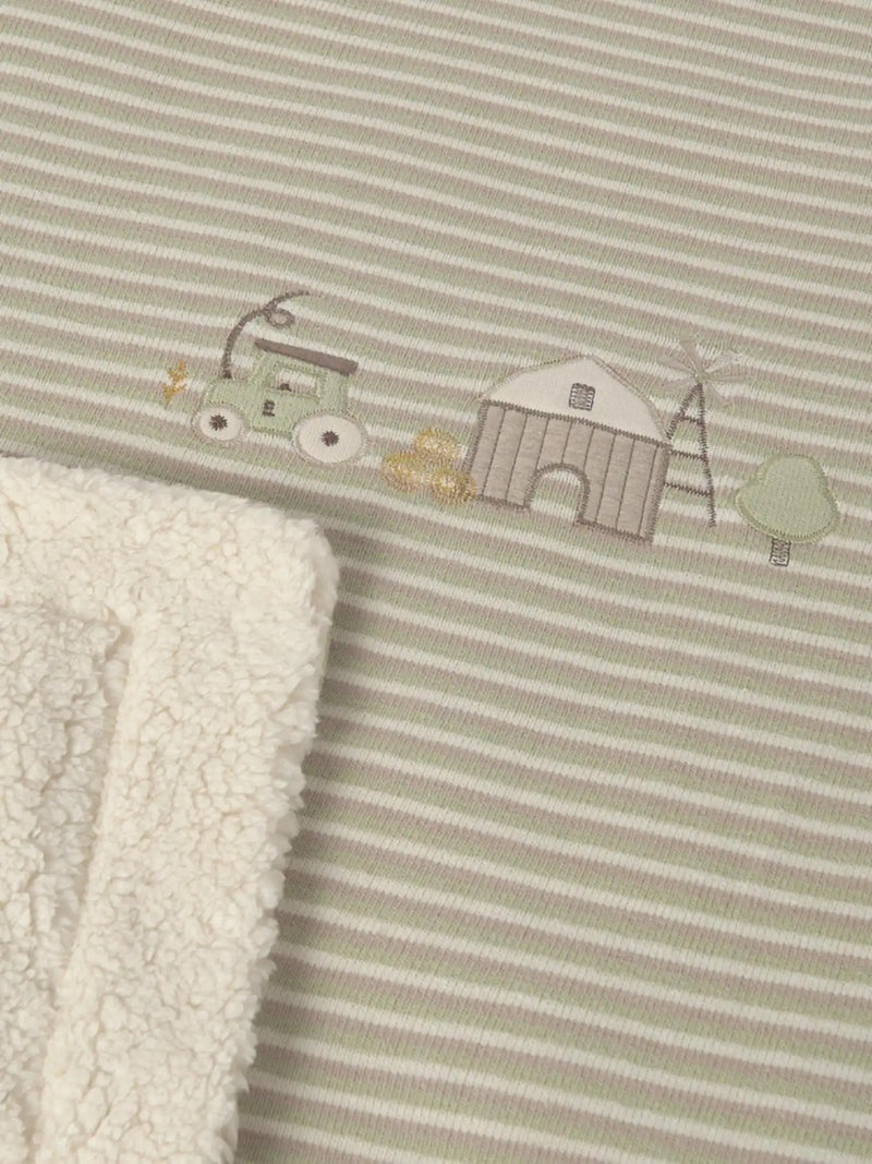 Mayoral striped blanket with sherpa fleece lining on the back.