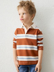Boy wearing the Mayoral striped polo shirt.