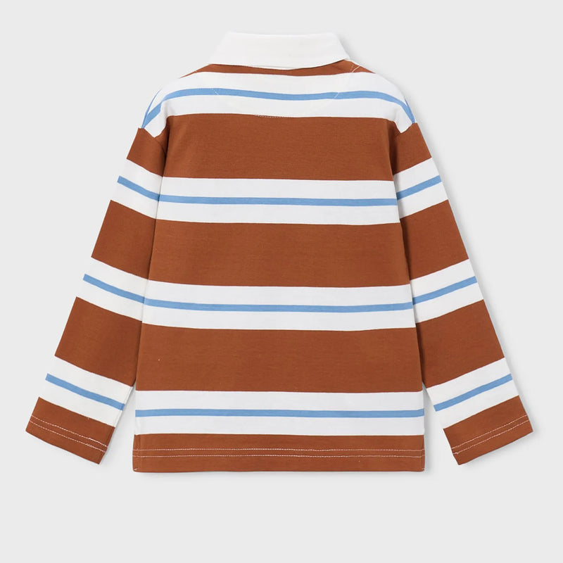 Rear view of the Mayoral boy's striped polo shirt.