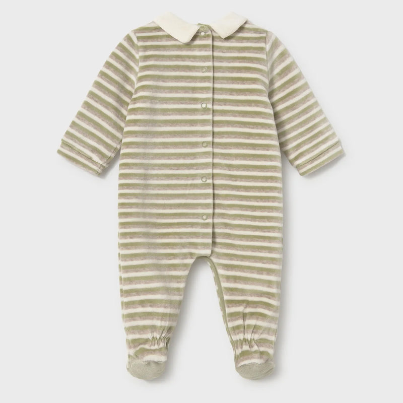 Back of the Mayoral green striped velour babygrow.