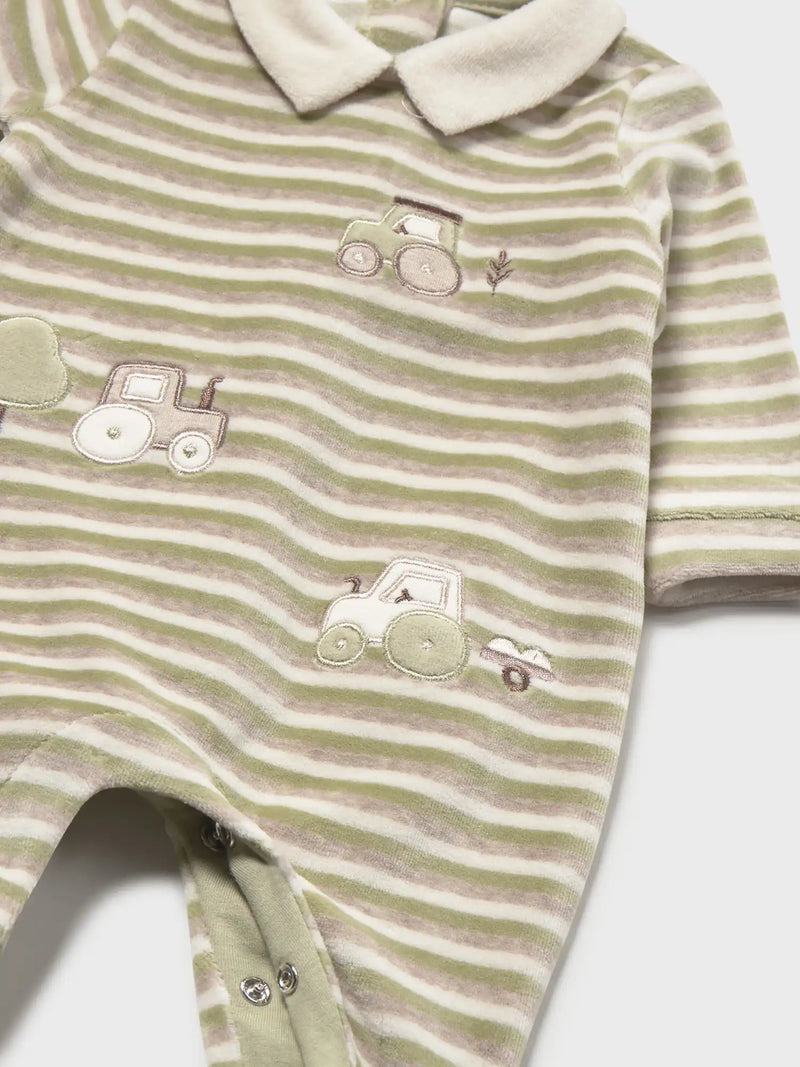 Mayoral striped velour babygrow with cute embroidered tractors.