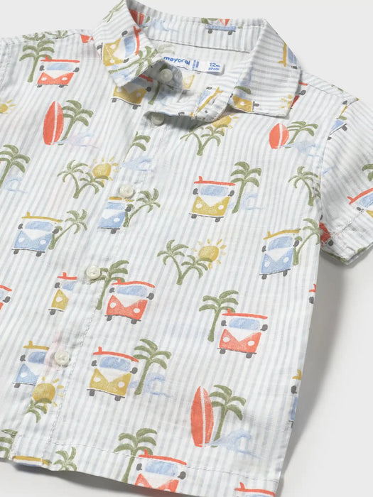 Closer look at the Mayoral surf print shirt.