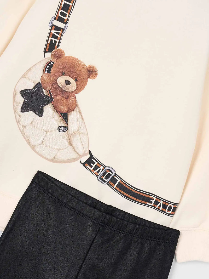 Closer look at the Mayoral sweatshirt & leggings set showing detail of the teddy bear design