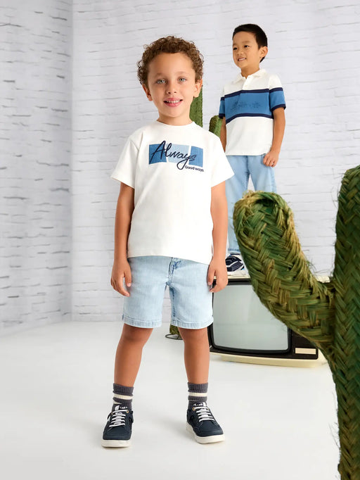 Boy modelling the Mayoral embroidered t-shirt.