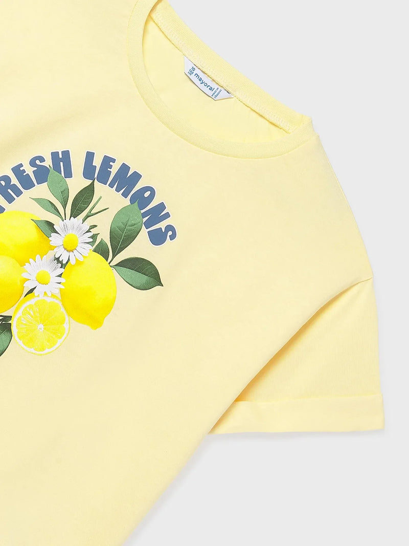 Closer look at the Mayoral cropped t-shirt showing detail of the lemon print.