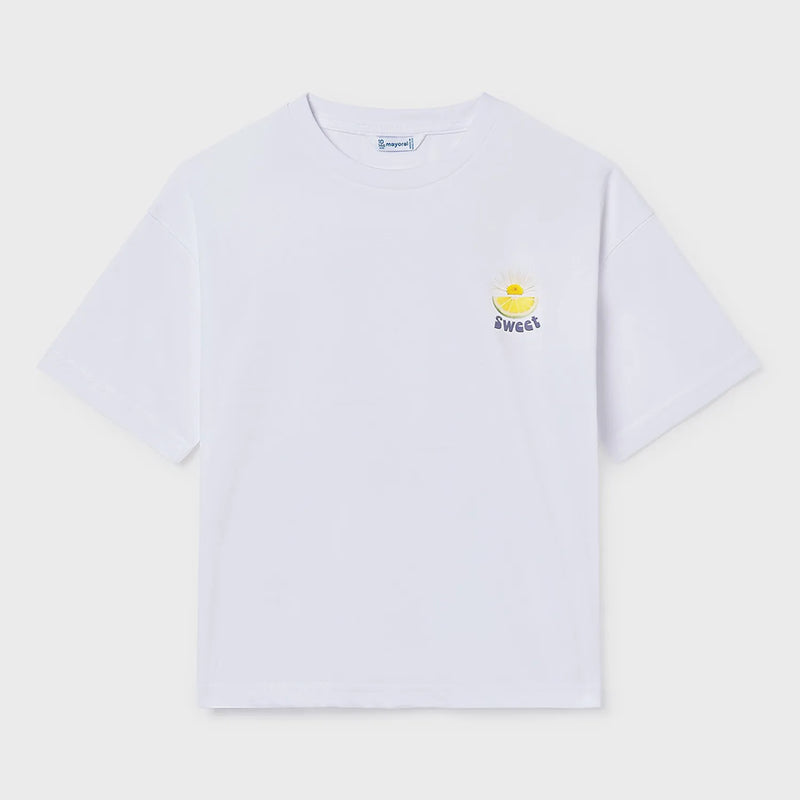 Mayoral white t-shirt with lemonade print on the back.