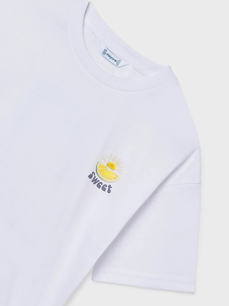 Closer look at the Mayoral white t-shirt.