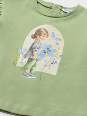 Closer view of the Mayoral green t-shirt.