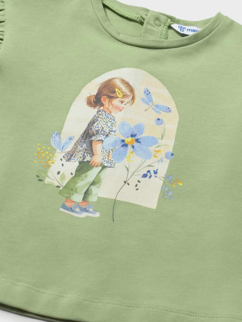 Closer view of the Mayoral green t-shirt.