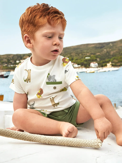 Baby boy wearing the Mayoral tiger shorts set.