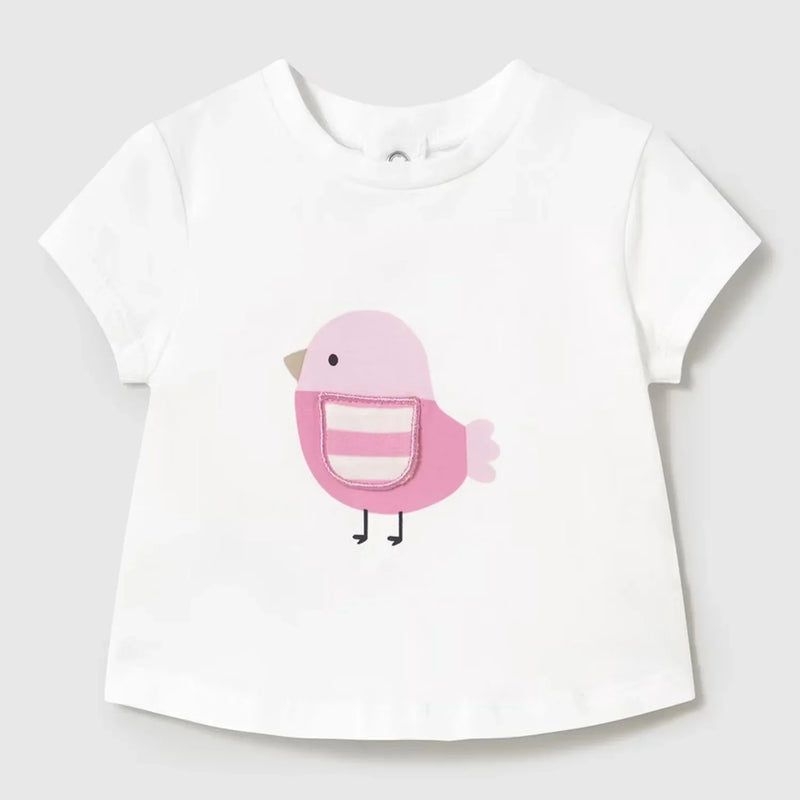 Newborn girl's white t-shirt with cute pink bird on the front.