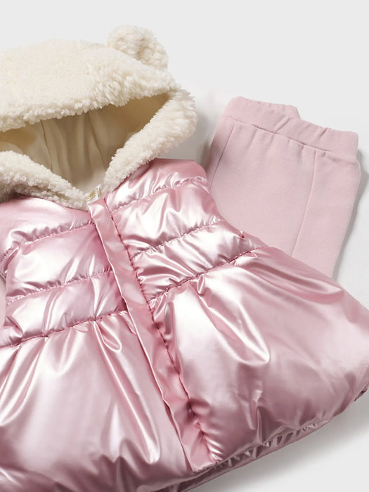 Baby girl's pink gilet with metallic sheen finish.