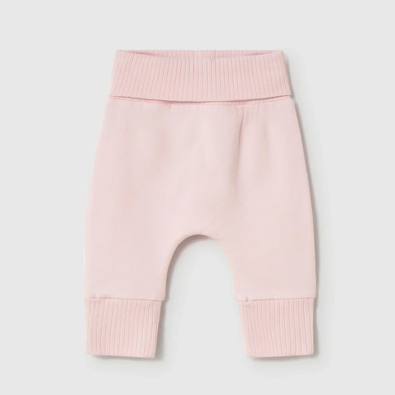 Newborn girl's pale pink bottoms.