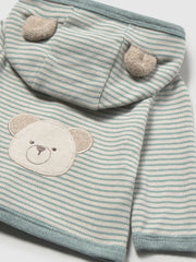 Closer look at the Mayoral striped hoodie showing detail of the cute teddy bear design on the back.