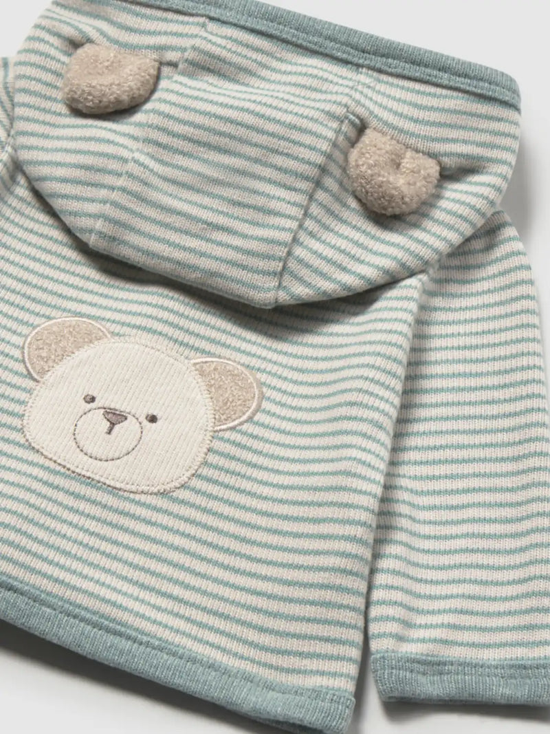 Closer look at the Mayoral striped hoodie showing detail of the cute teddy bear design on the back.