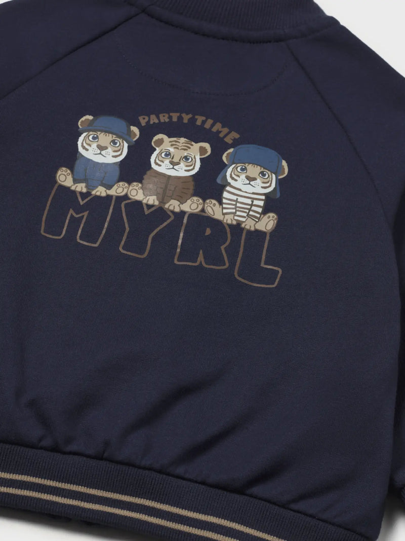 Closer look at the Mayoral navy jacket showing detail of the cute tiger print on the back.