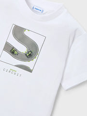 Closer view of the white logo t-shirt.