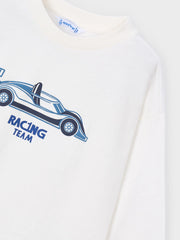 Boy's crisp white t-shirt with racing themed print on the front.