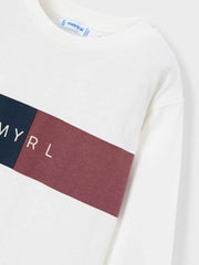 White t-shirt with burgundy and navy logo stripe.