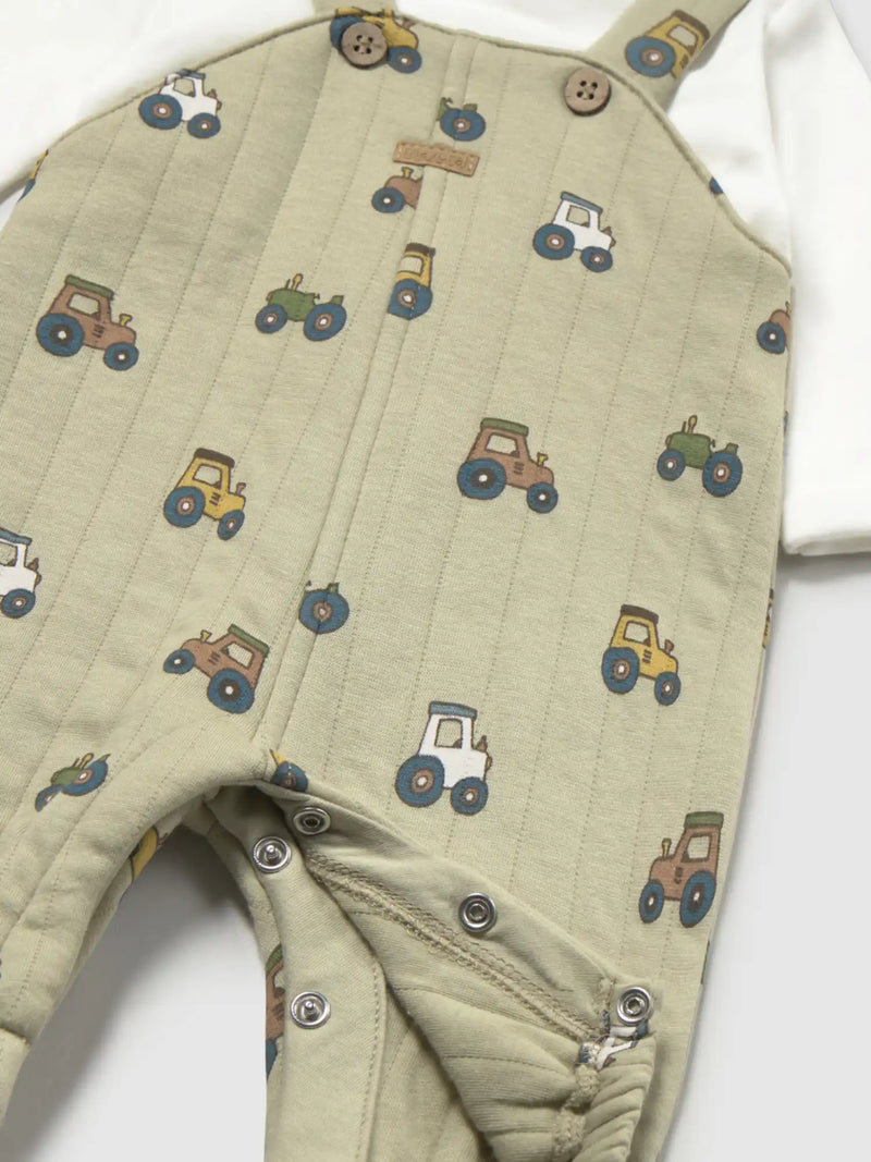 Mayoral green romper with all over tractor pattern.