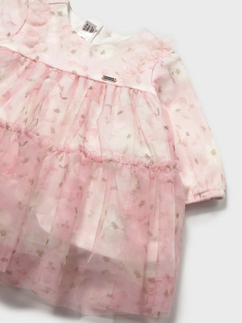 Mayoral tulle dress with gold logo badge on the chest.