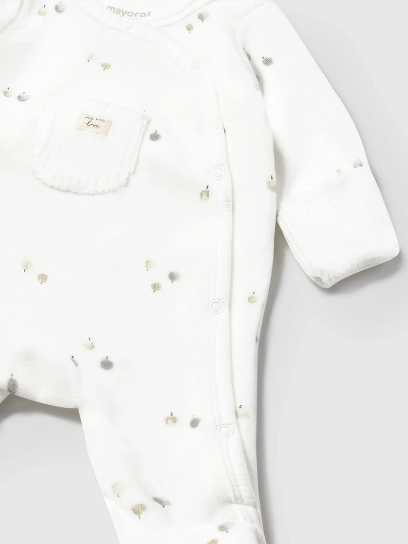 Closer view of the Mayoral velour babygrow.