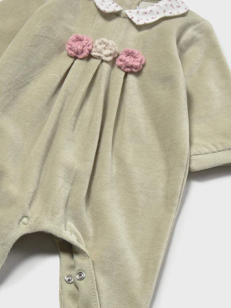Closer view of the Mayoral velour babygrow.