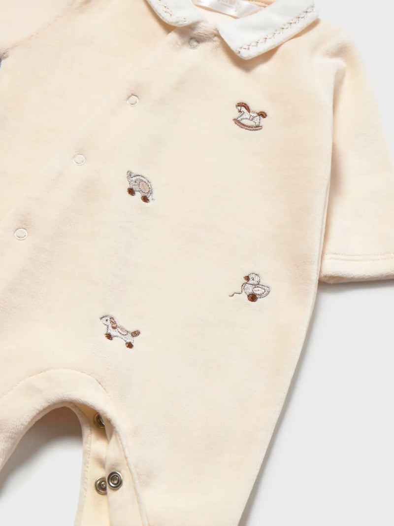 Closer view of the Mayoral velour babygrow.