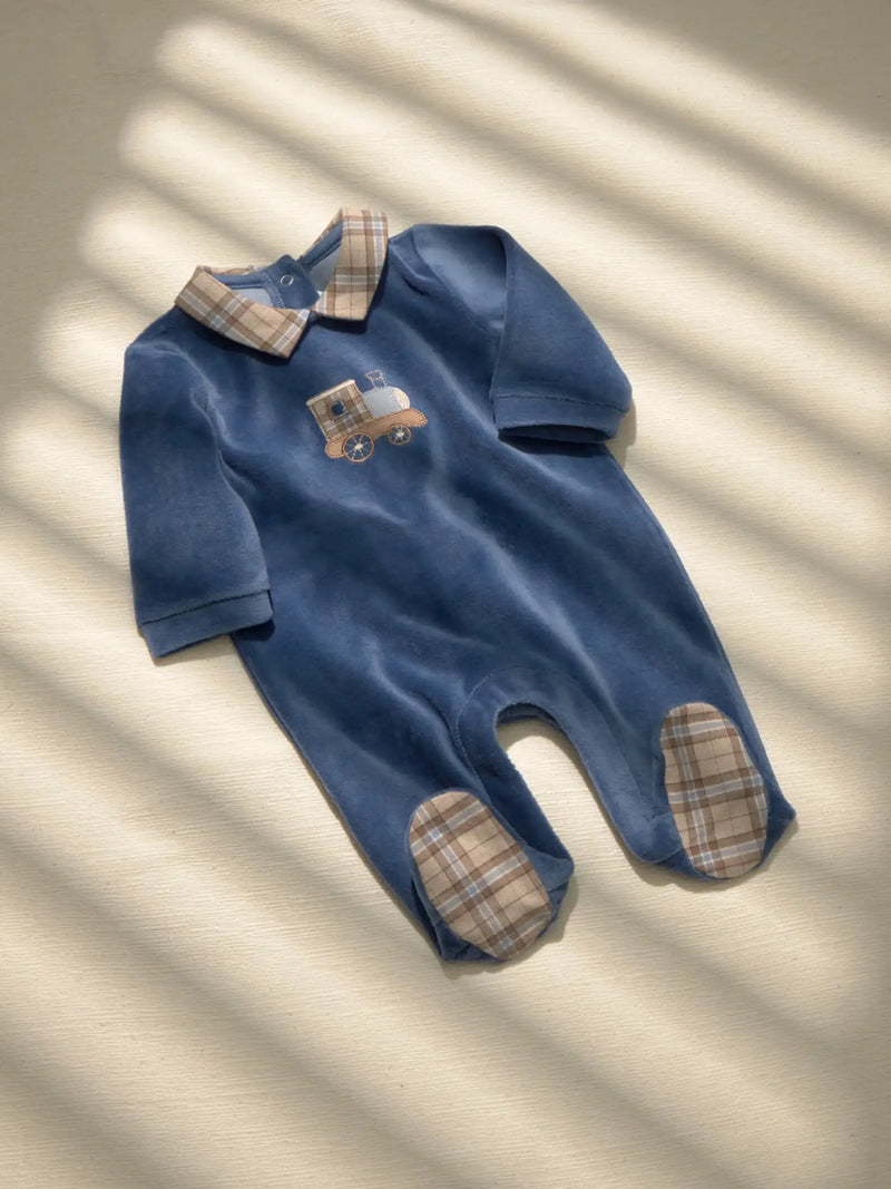 Closer view of the Mayoral velour babygrow.