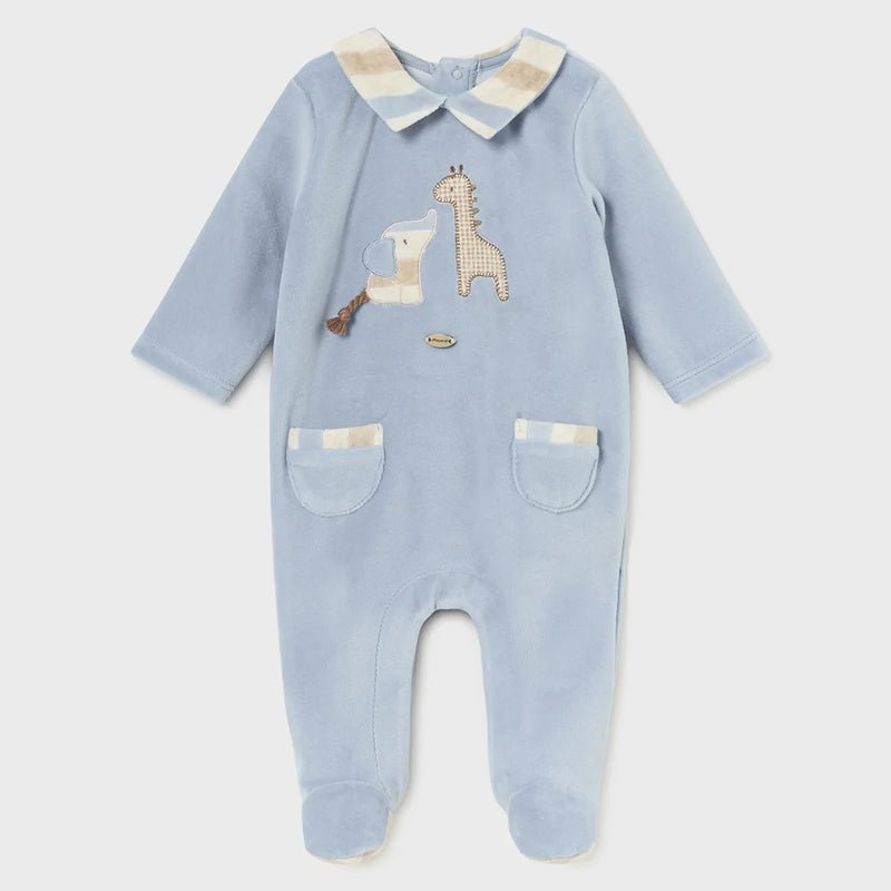 Mayoral blue velour babygrow - 02793.