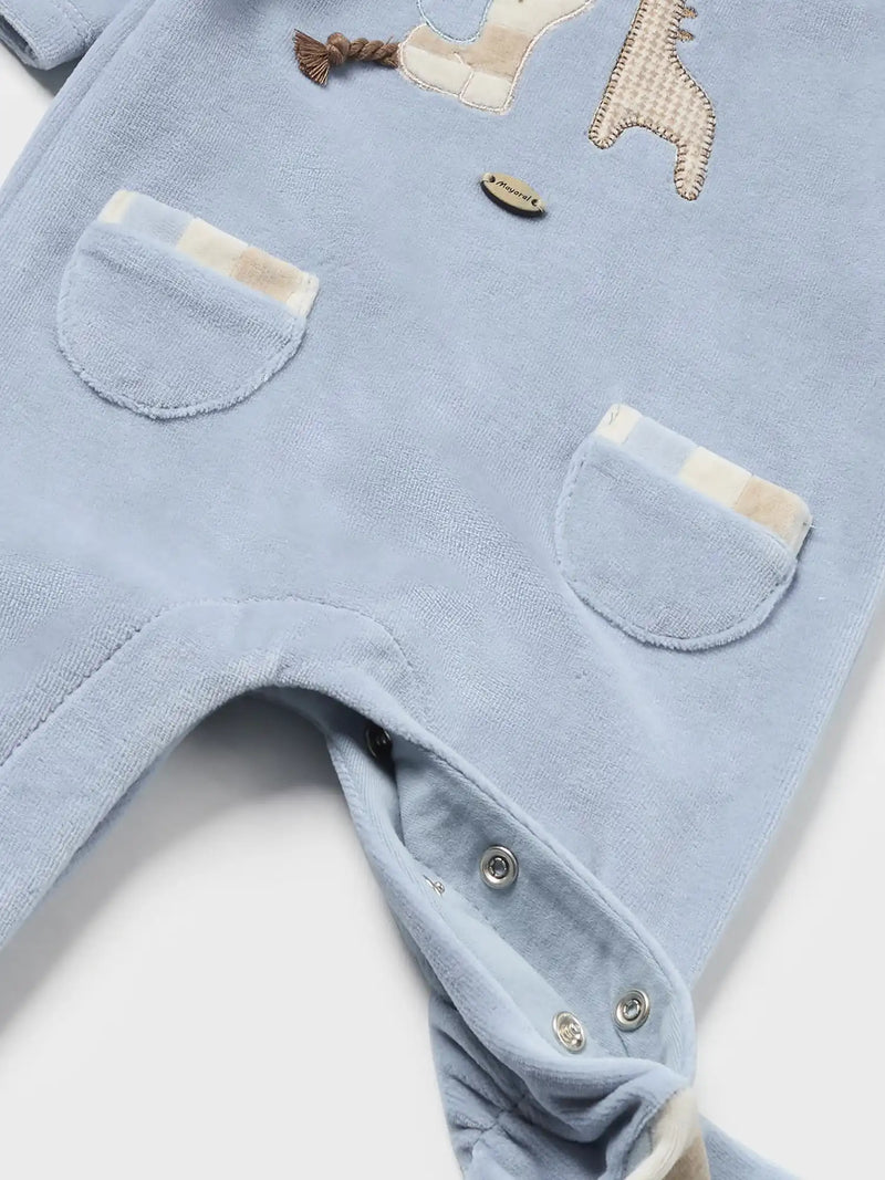 Closer view of the Mayoral velour babygrow.