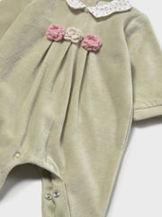 Closer look at the Mayoral green velour babygrow.