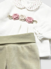 Mayoral velour leg warmer set with crocheted flowers on the chest.