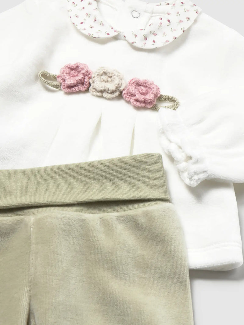 Mayoral velour leg warmer set with crocheted flowers on the chest.