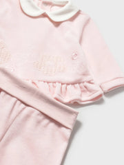 Closer view of the Mayoral velour leg warmer set.