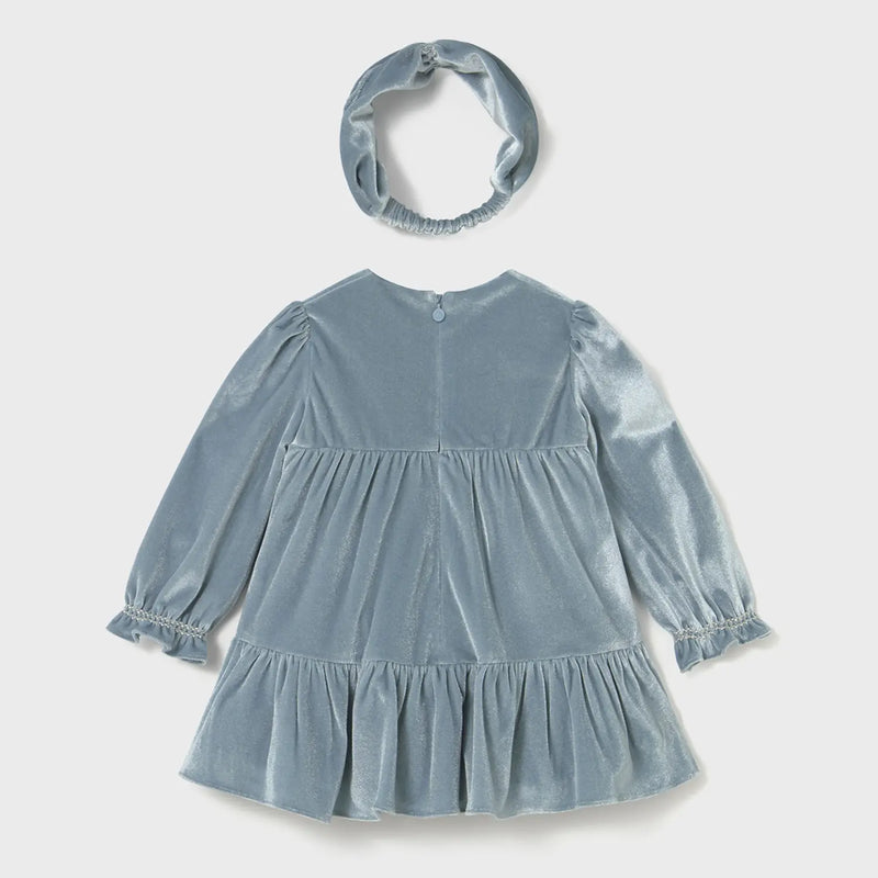 Back of the Mayoral blue velvet dress & headband.